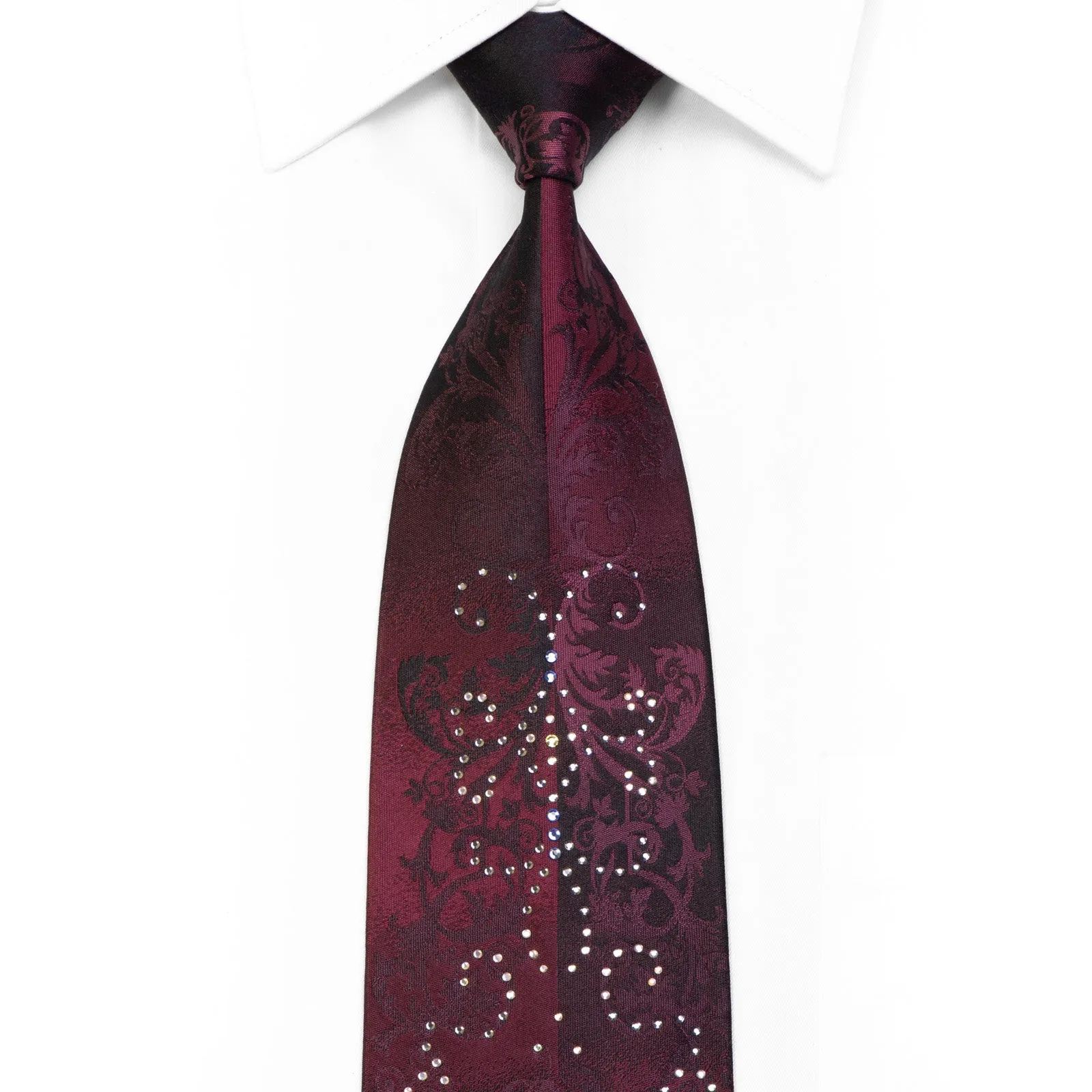 Andre Kim Rhinestone Silk Tie Damask On Burgundy Black