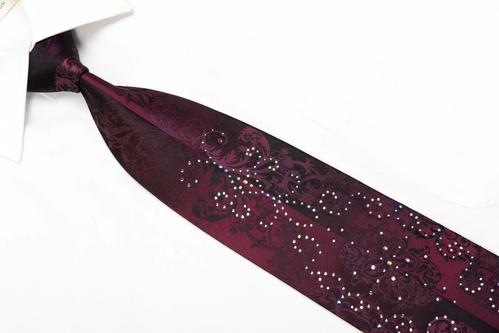 Andre Kim Rhinestone Silk Tie Damask On Burgundy Black