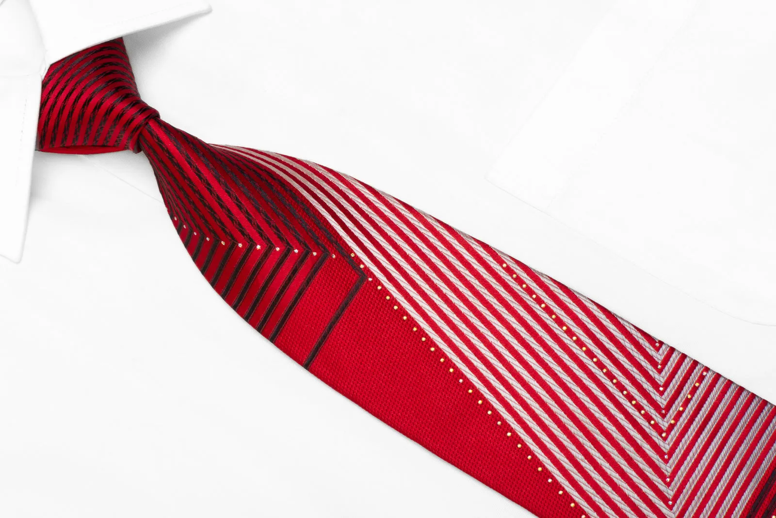 Aquascutum Rhinestone Necktie Silver Black Chevron Striped On Red With Sparkles