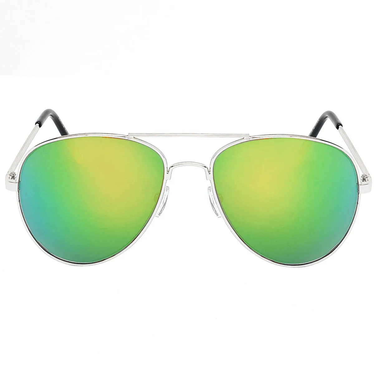 Aviator Sunglasses Classic - Non-Polarized - Silver Frame - Green/Lime Mirror