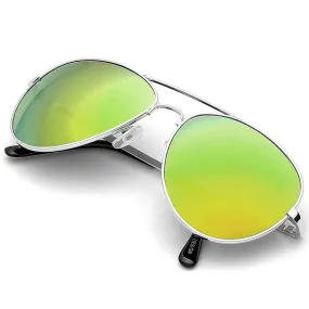 Aviator Sunglasses Classic - Non-Polarized - Silver Frame - Green/Lime Mirror