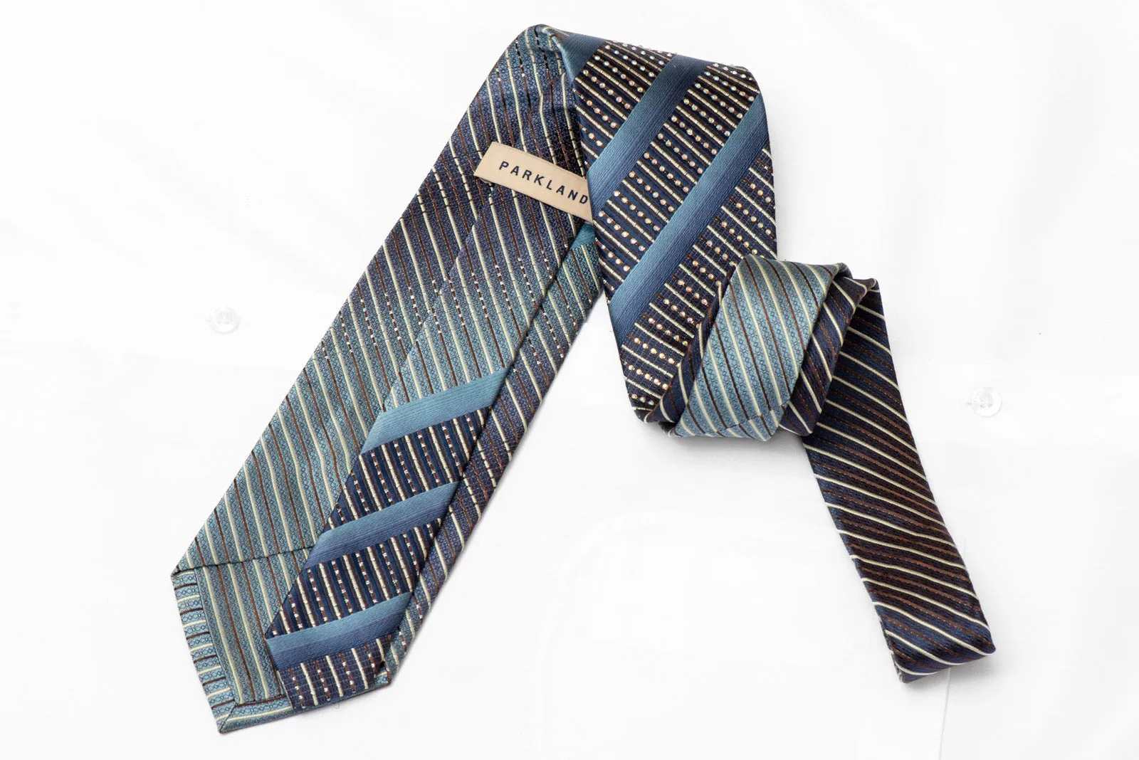 Blue Brown Striped Rhinestone Silk Necktie With Silver Sparkles