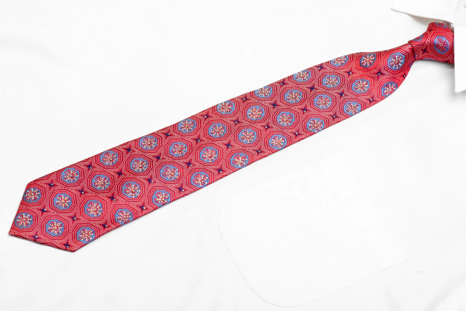 Blue Silver Geometric On Red Rhinestone Silk Necktie