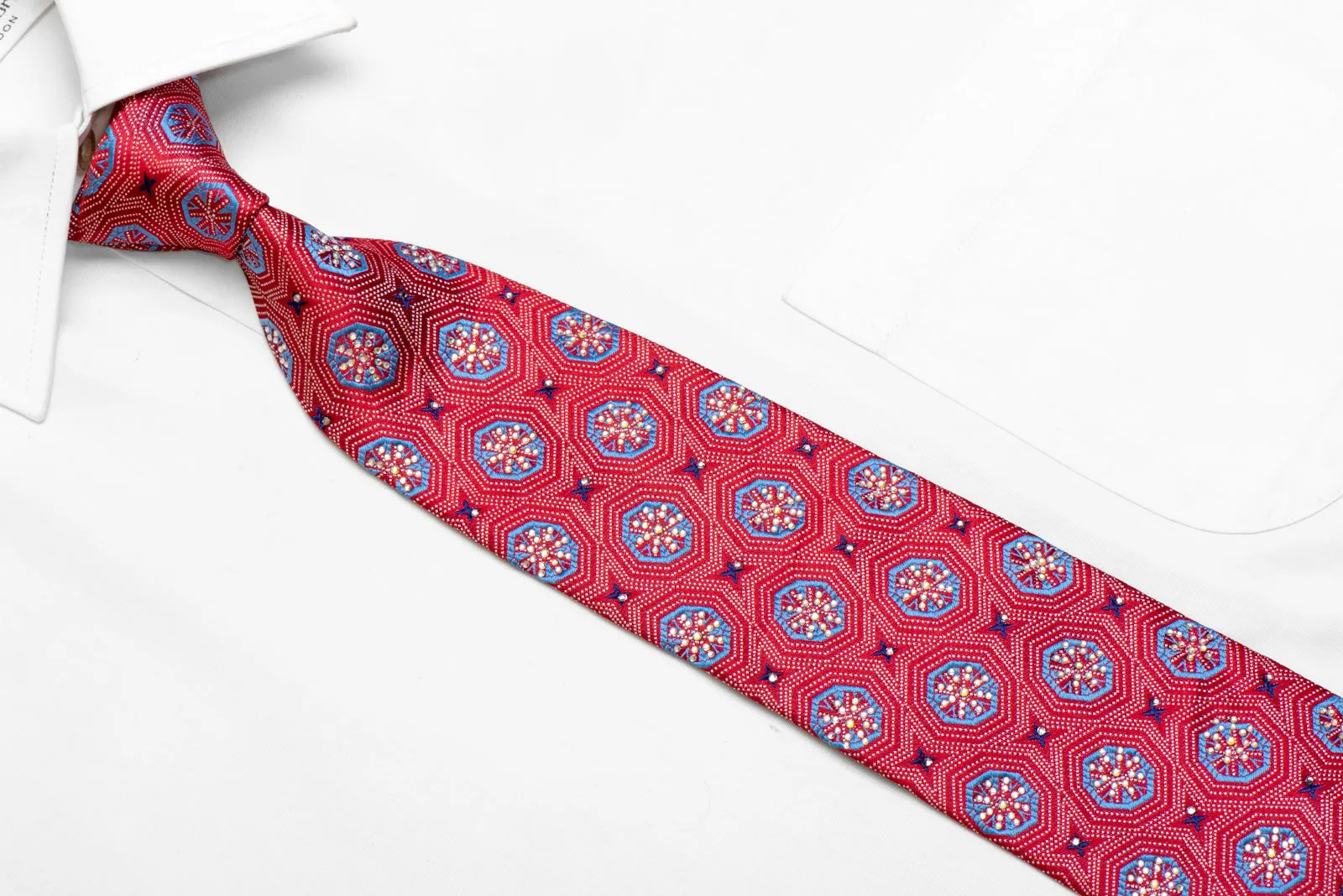 Blue Silver Geometric On Red Rhinestone Silk Necktie