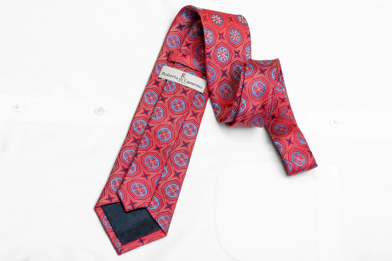 Blue Silver Geometric On Red Rhinestone Silk Necktie