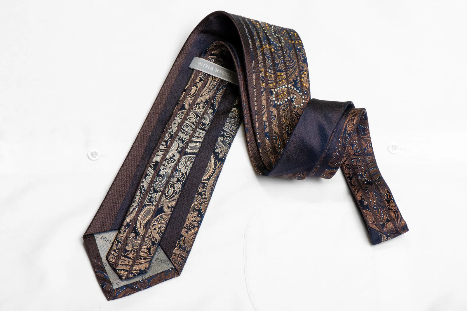 Brown Paisley On Navy Rhinestone Silk Necktie With Silver Sparkles