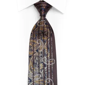 Brown Paisley On Navy Rhinestone Silk Necktie With Silver Sparkles