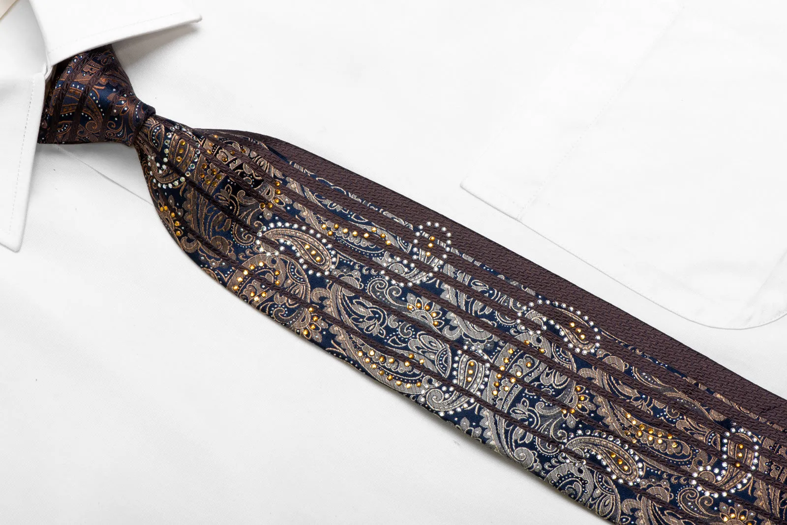 Brown Paisley On Navy Rhinestone Silk Necktie With Silver Sparkles