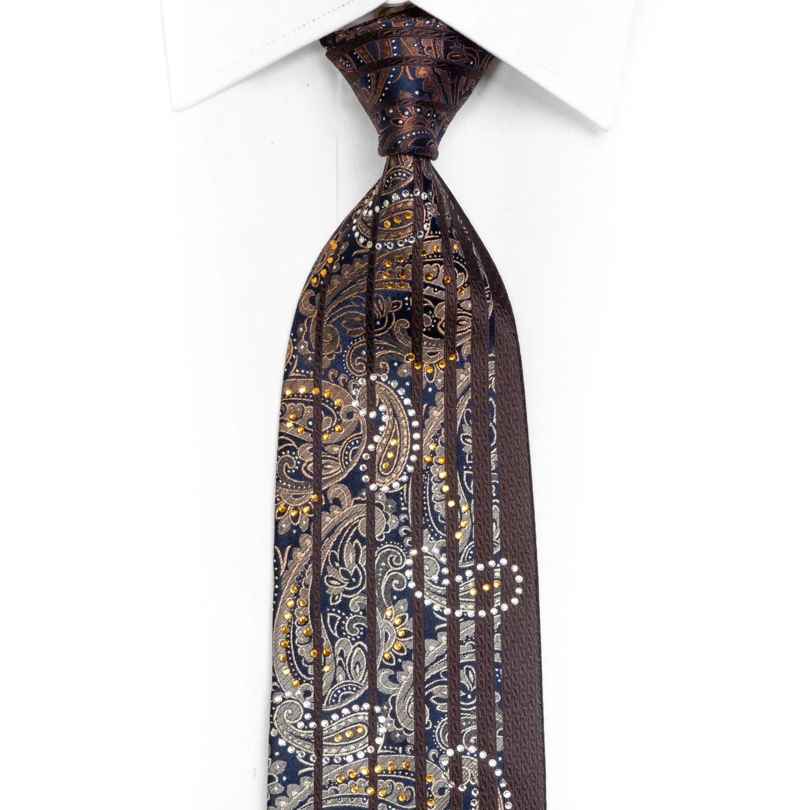 Brown Paisley On Navy Rhinestone Silk Necktie With Silver Sparkles