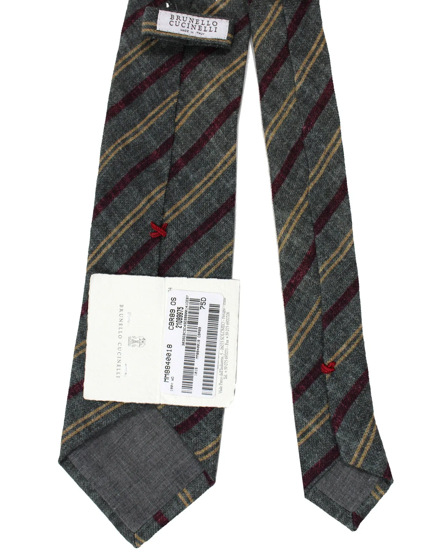 Brunello Cucinelli Wool Tie Gray Maroon Stripes Design