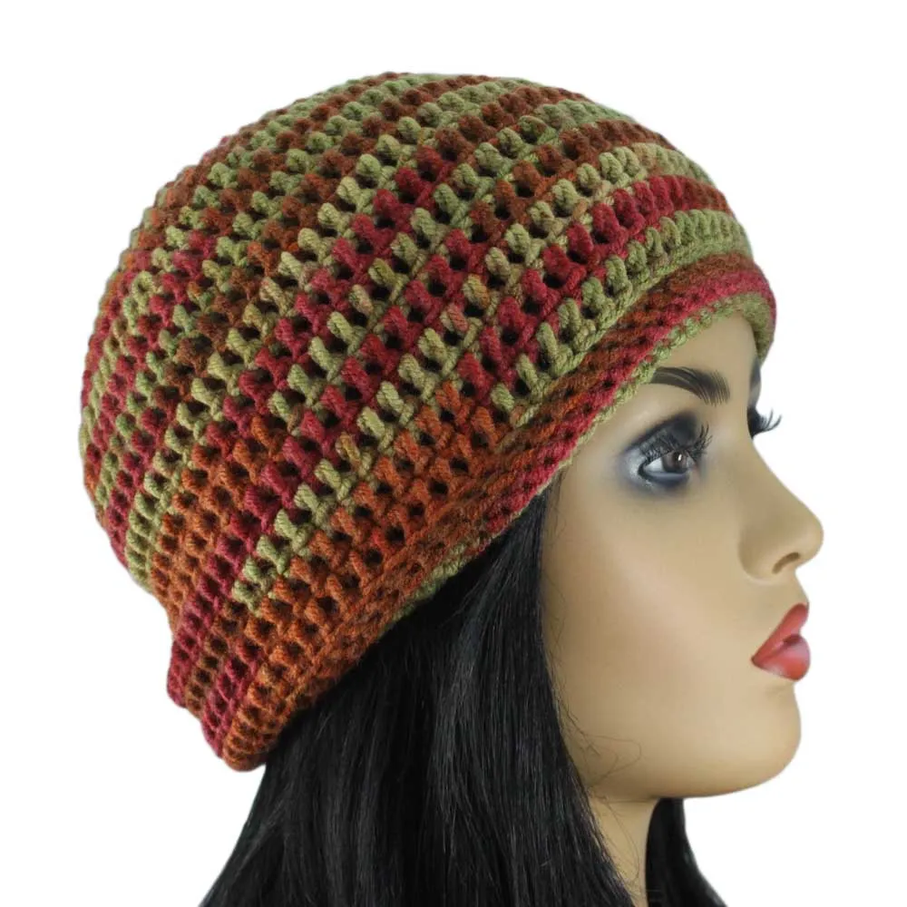 Burgundy and Green Crochet Beanie Hat Medium/Large - JMCH31ML