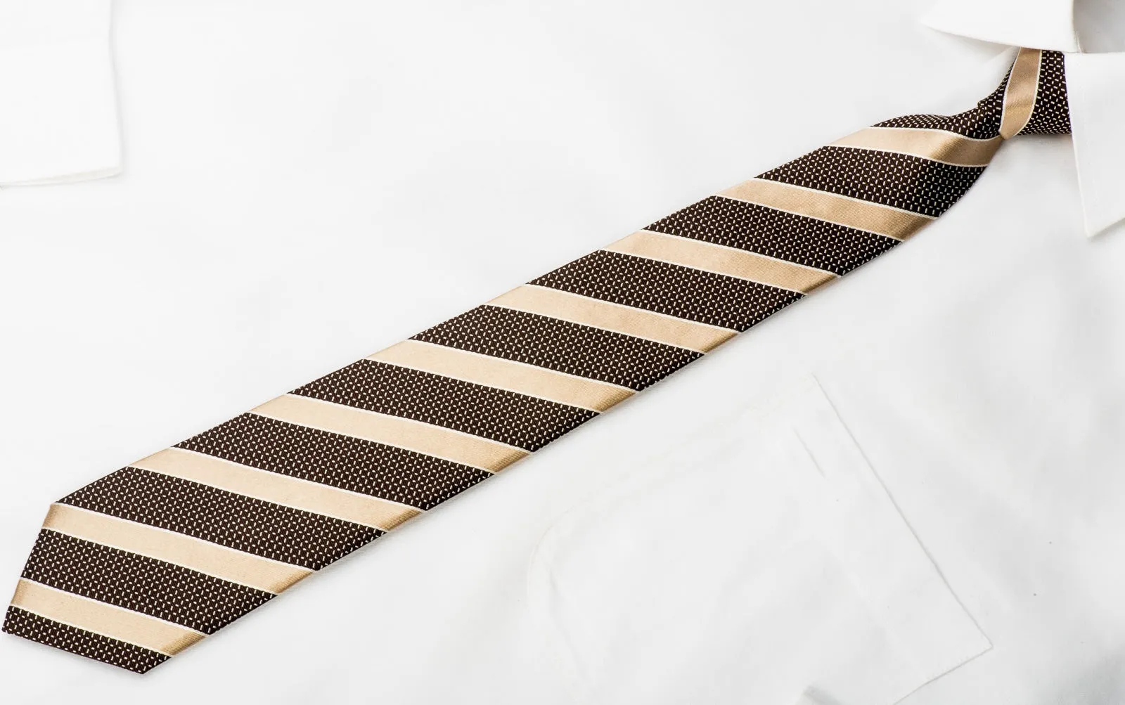 Cremona Men's Silk Skinny Necktie Gold Striped On Dark Brown