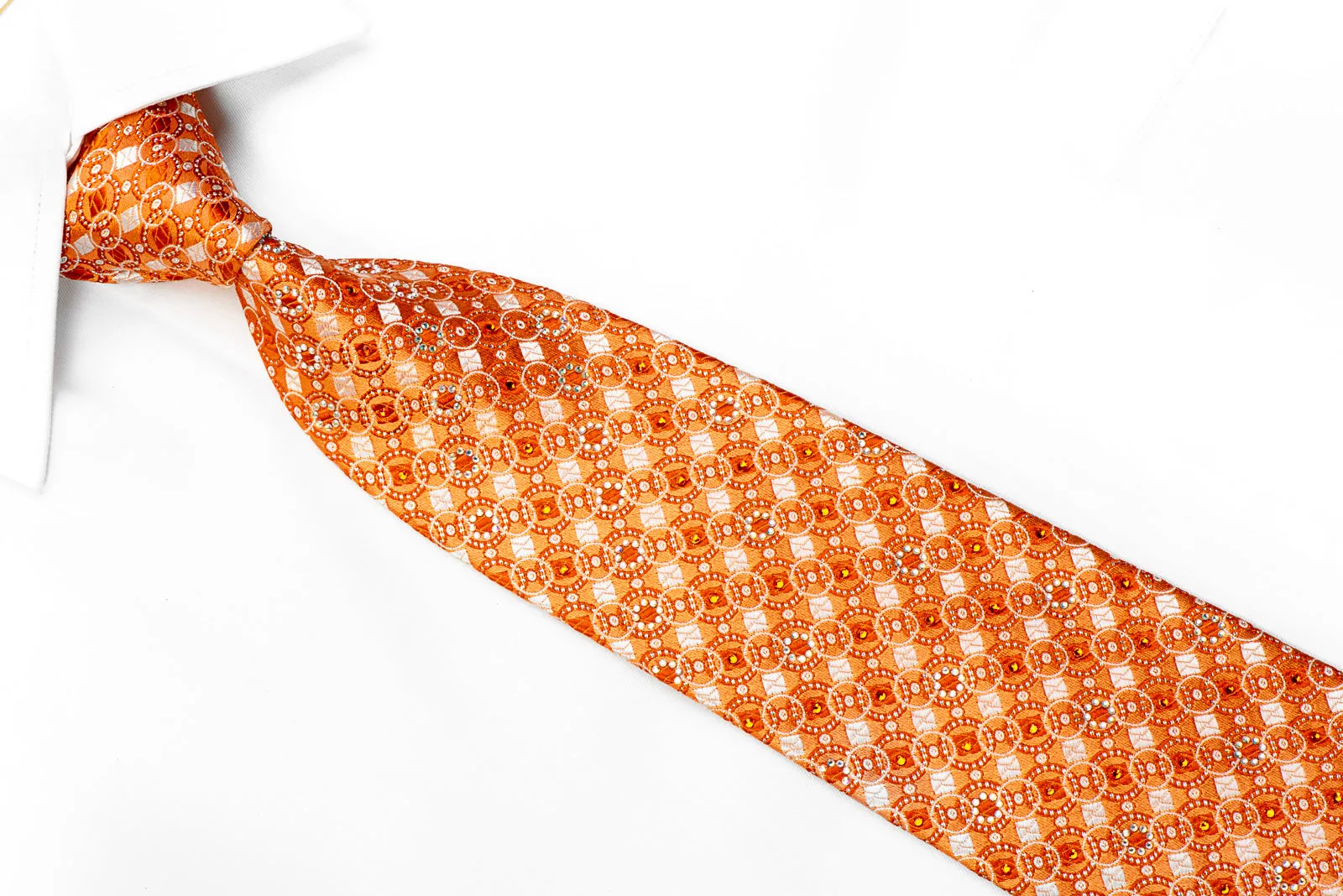 Daks Geometric On Orange With Silver Sparkles Rhinestone Silk Tie