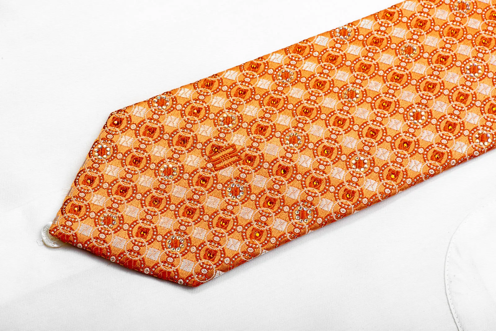 Daks Geometric On Orange With Silver Sparkles Rhinestone Silk Tie