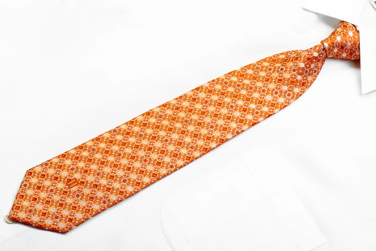 Daks Geometric On Orange With Silver Sparkles Rhinestone Silk Tie