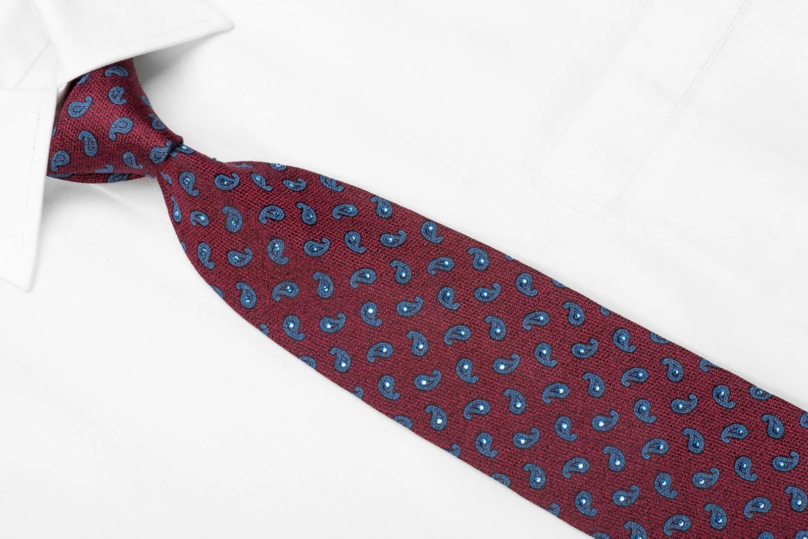 Daks Men's Crystal Silk Necktie Blue Paisley On Burgundy