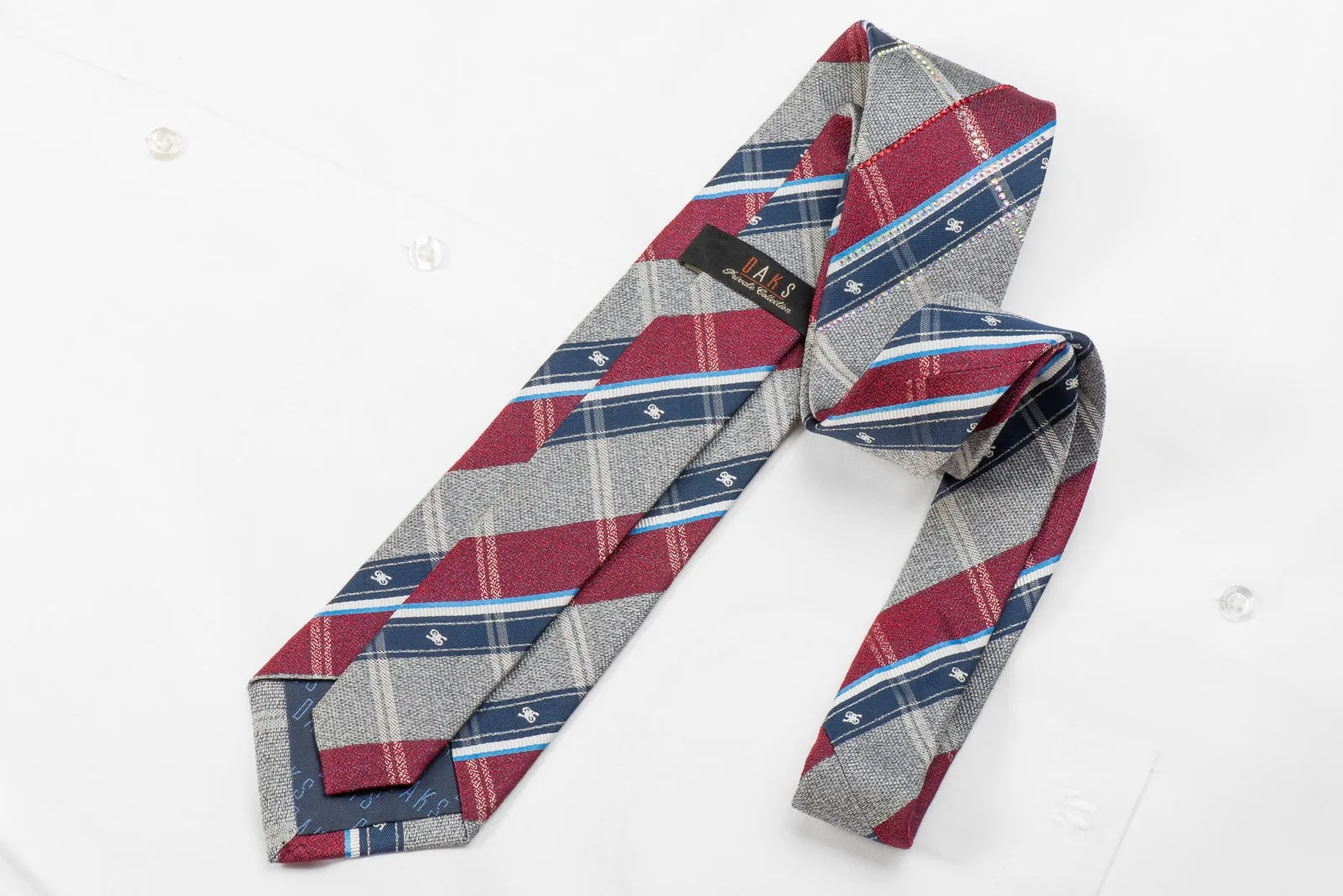 Daks Men's Crystal Silk Necktie Burgundy Gray Blue Striped Plaids With Sparkles