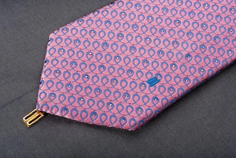 Daks Men's Rhinestone Silk Necktie Purple Spirals On Pink With Pink Sparkles