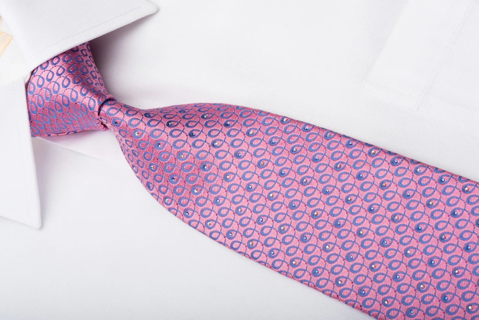 Daks Men's Rhinestone Silk Necktie Purple Spirals On Pink With Pink Sparkles