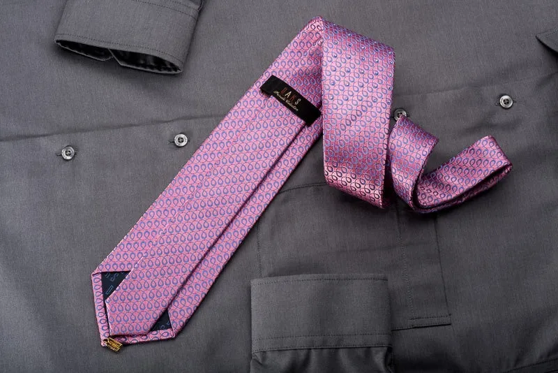 Daks Men's Rhinestone Silk Necktie Purple Spirals On Pink With Pink Sparkles