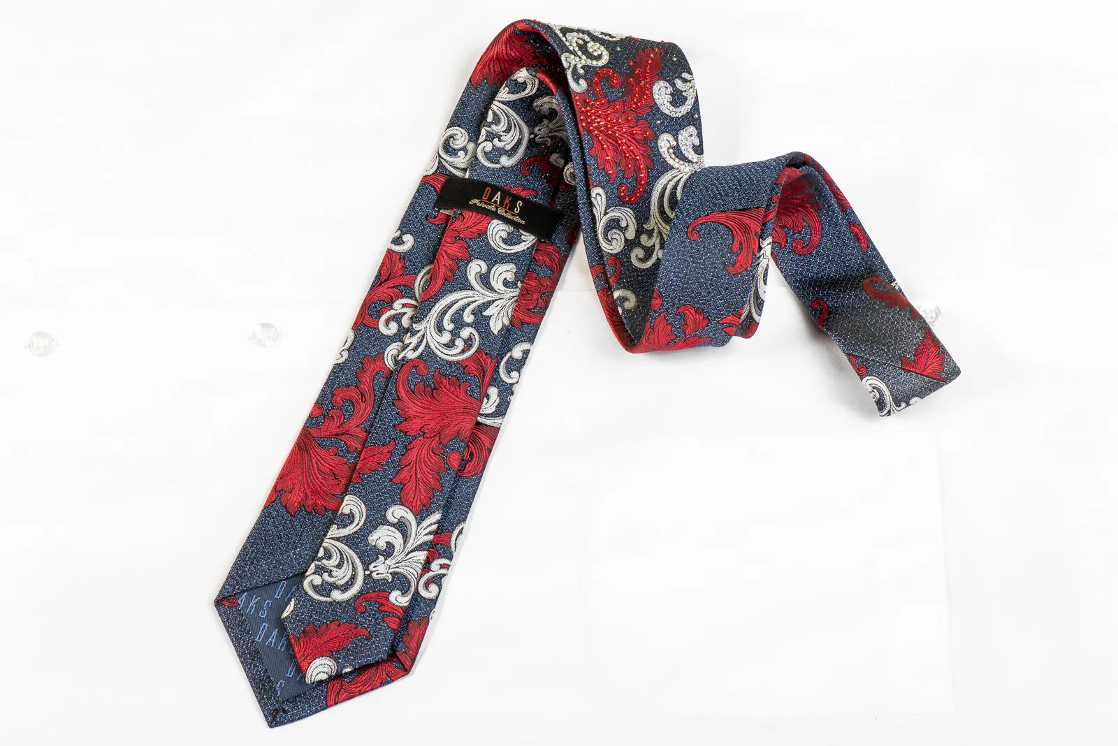 Daks Men's Silk Rhinestone Necktie Red Silver Acanthus On Navy