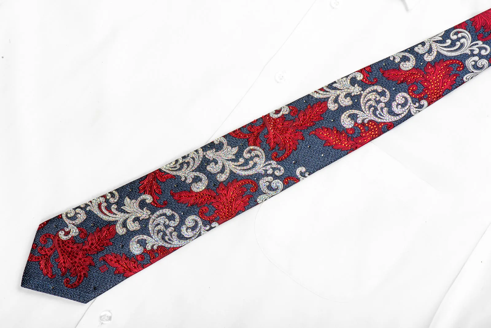 Daks Men's Silk Rhinestone Necktie Red Silver Acanthus On Navy