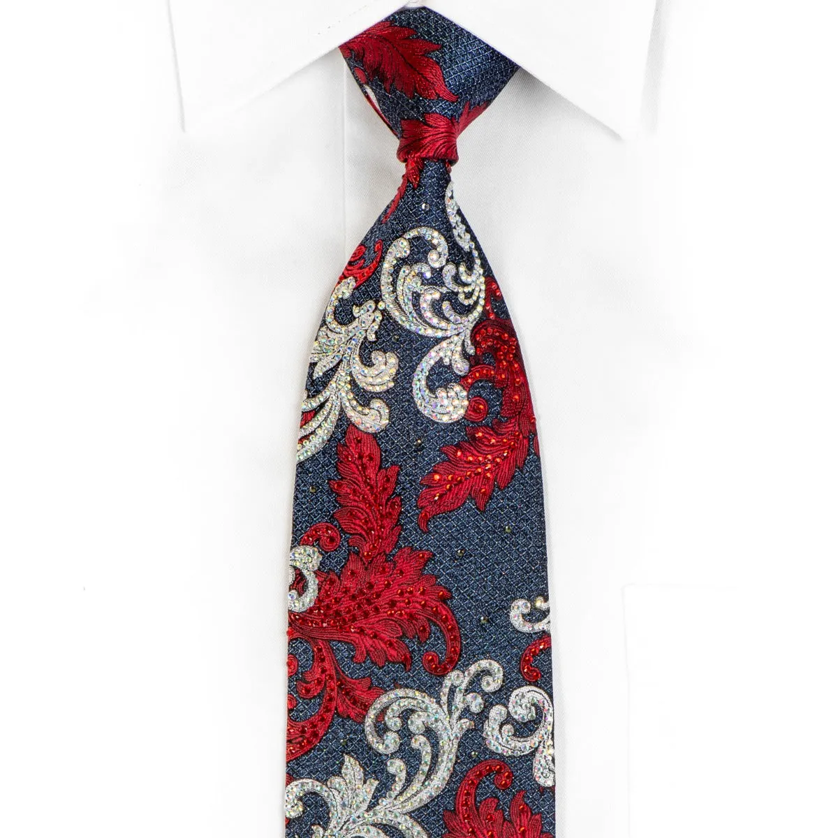 Daks Men's Silk Rhinestone Necktie Red Silver Acanthus On Navy