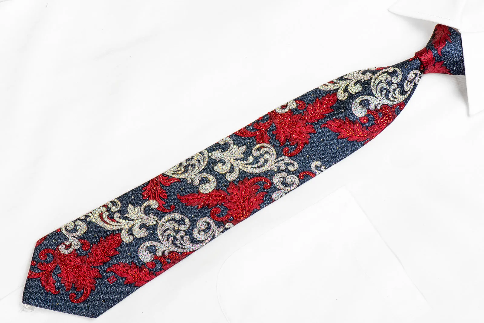 Daks Men's Silk Rhinestone Necktie Red Silver Acanthus On Navy