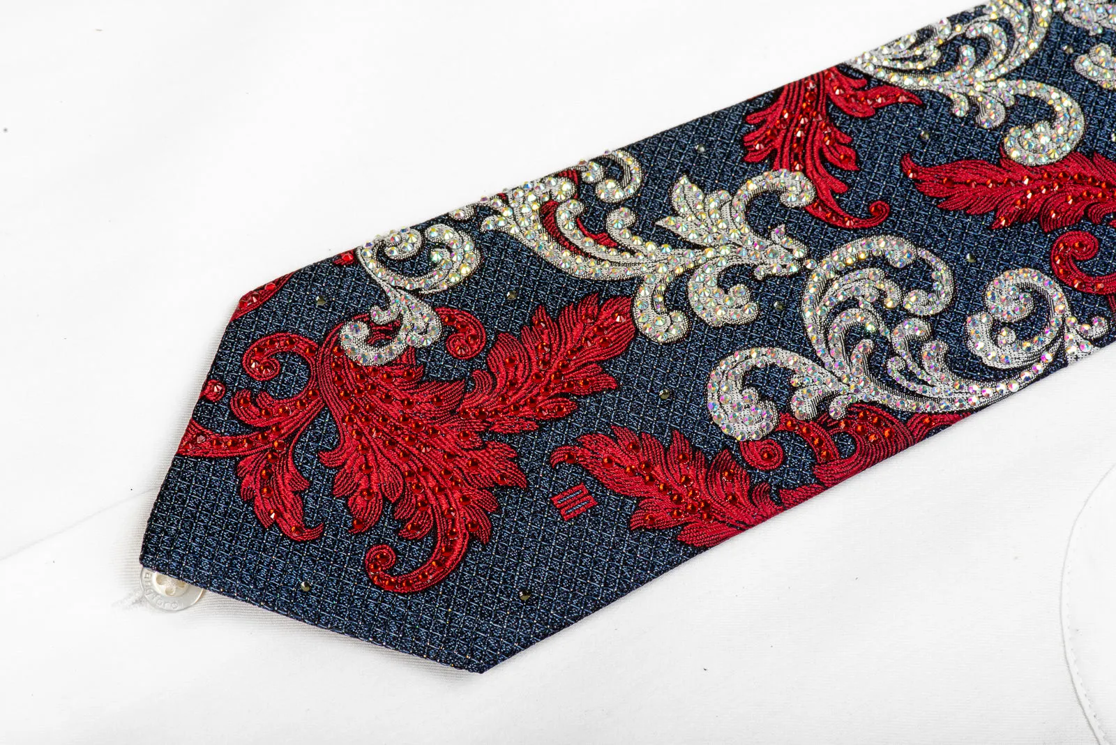 Daks Men's Silk Rhinestone Necktie Red Silver Acanthus On Navy