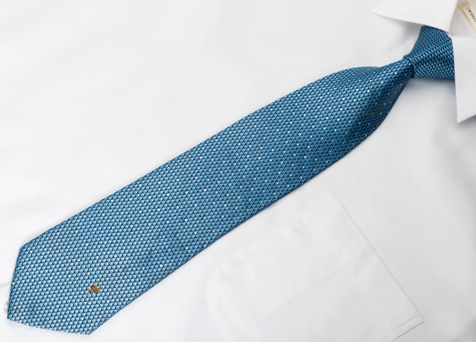 Daks Rhinestone Silk Necktie Dots On Blue With Silver Sparkles