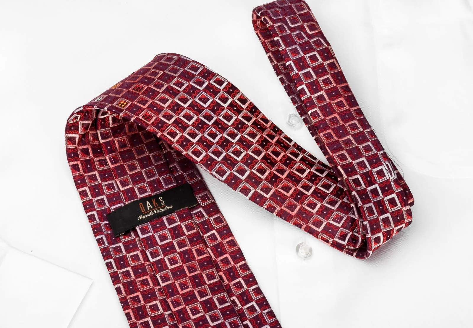 Daks Rhinestone Silk Necktie Geometric Checkered On Burgundy With Red Sparkles