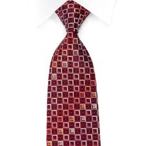 Daks Rhinestone Silk Necktie Geometric Checkered On Burgundy With Red Sparkles