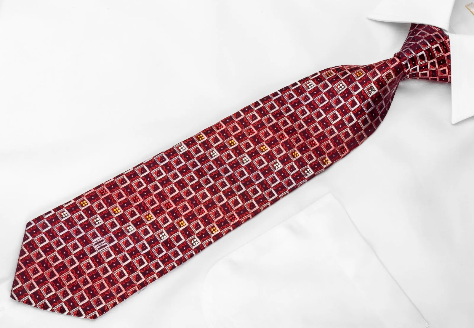 Daks Rhinestone Silk Necktie Geometric Checkered On Burgundy With Red Sparkles