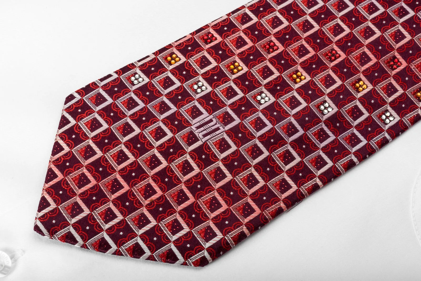 Daks Rhinestone Silk Necktie Geometric Checkered On Burgundy With Red Sparkles