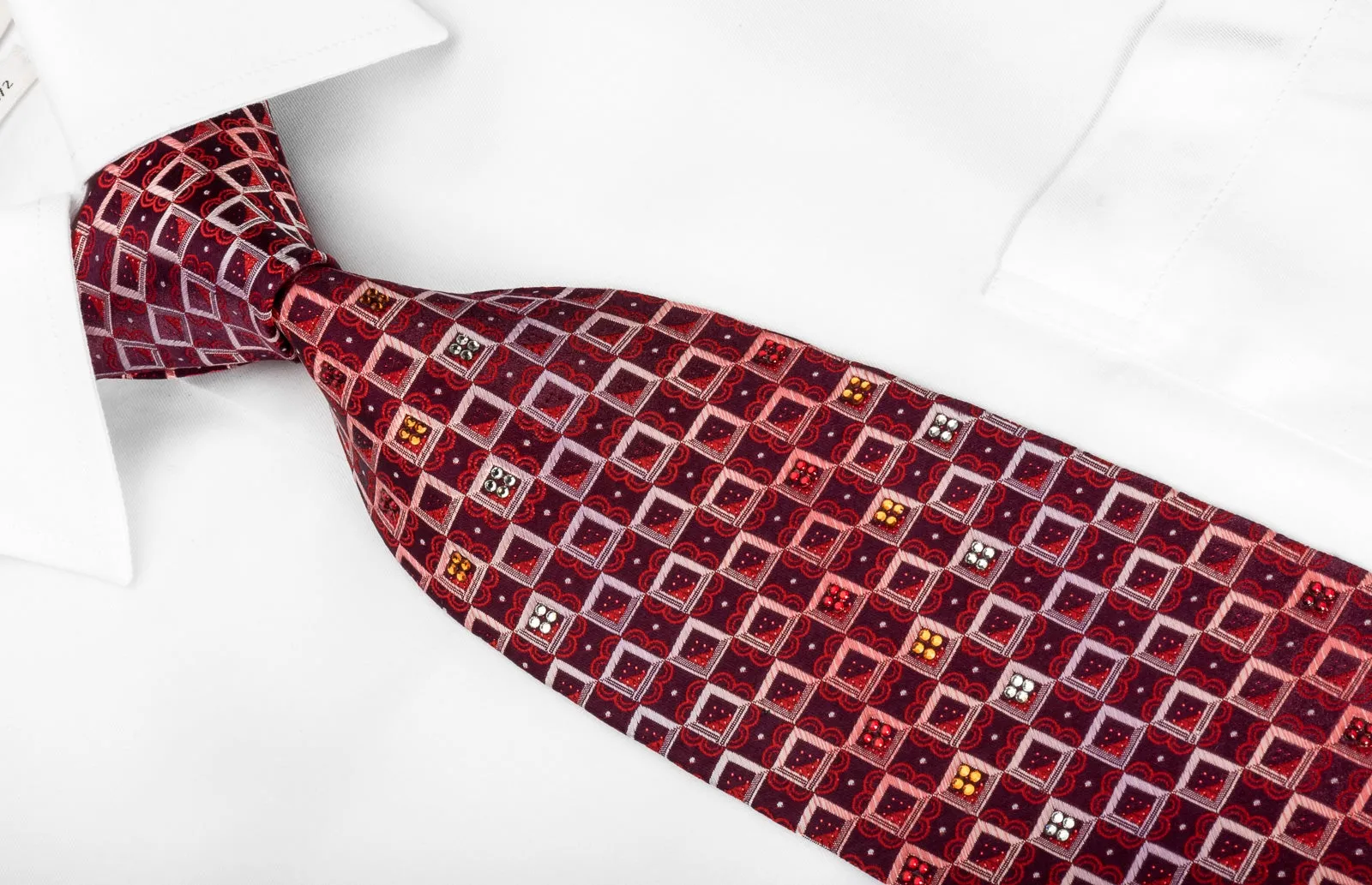 Daks Rhinestone Silk Necktie Geometric Checkered On Burgundy With Red Sparkles