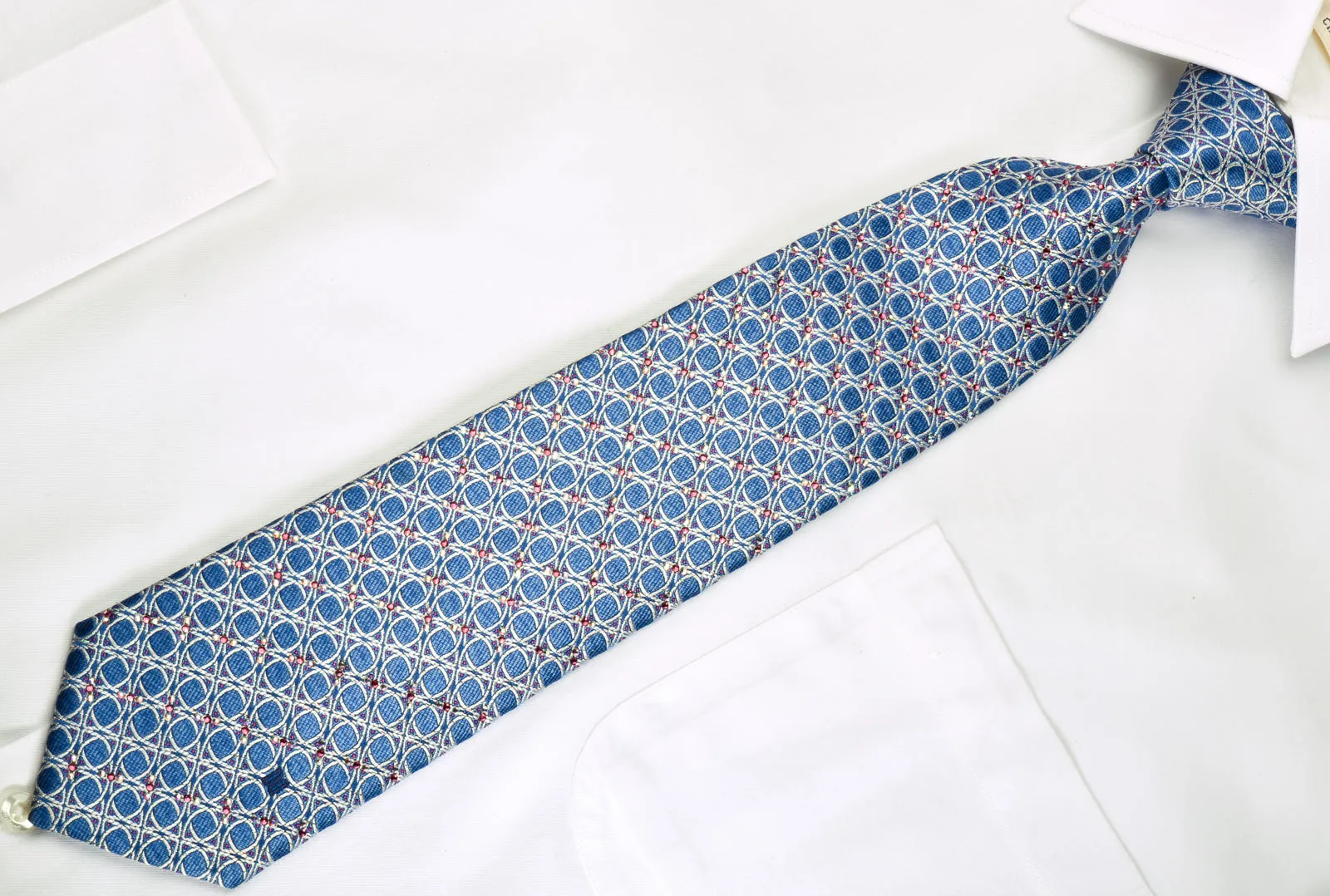 Daks Rhinestone Silk Necktie Silver Trellis On Blue With Silver Sparkles