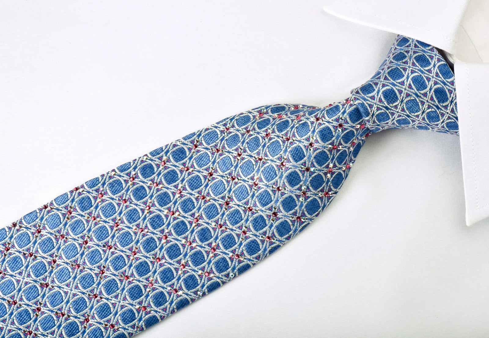 Daks Rhinestone Silk Necktie Silver Trellis On Blue With Silver Sparkles