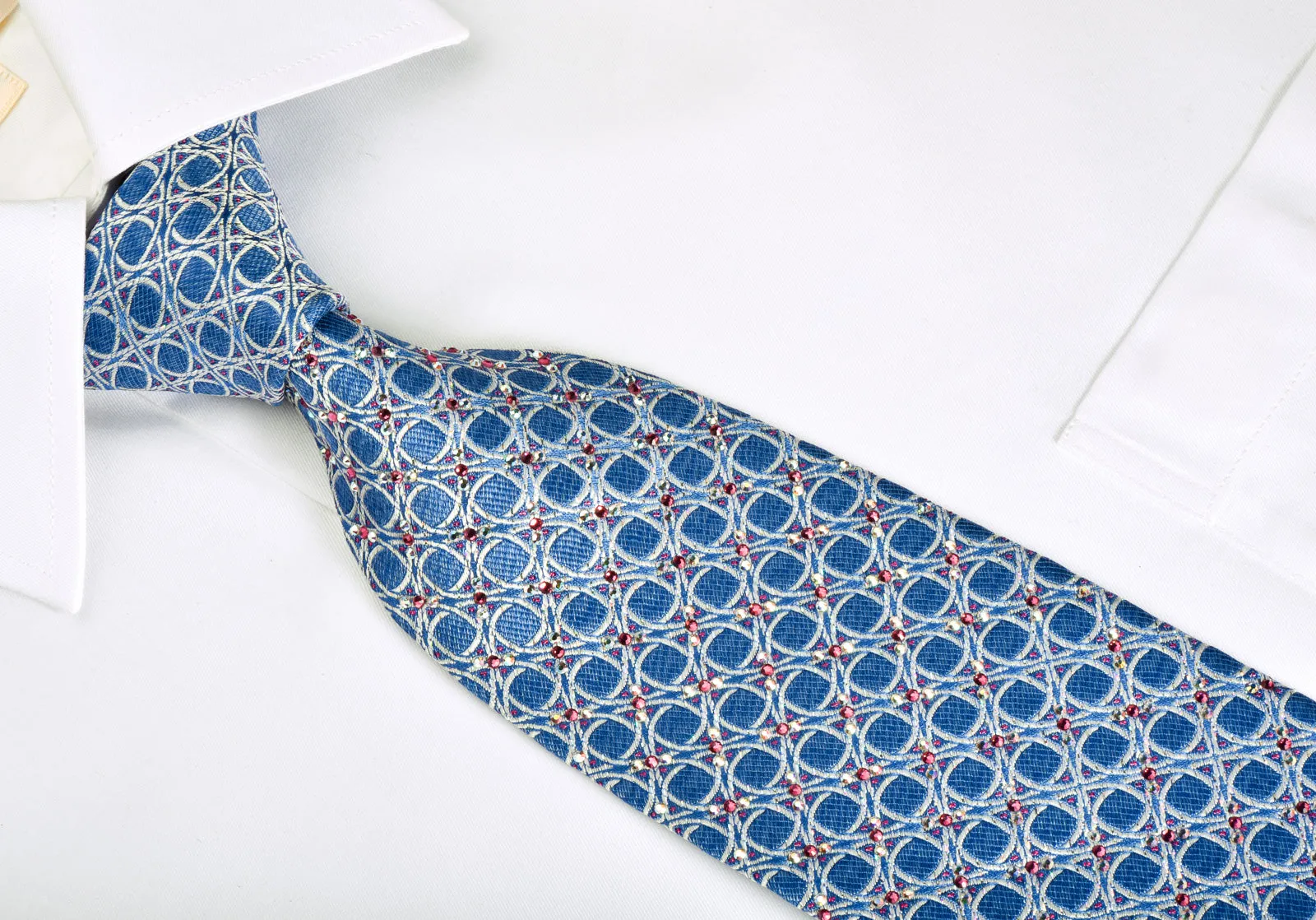 Daks Rhinestone Silk Necktie Silver Trellis On Blue With Silver Sparkles