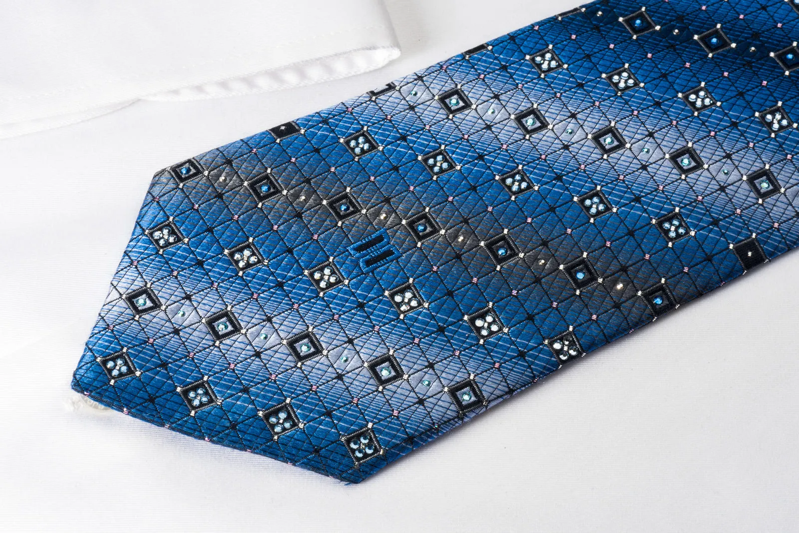 Daks Rhinestone Silk Necktie Trellis On Blue With Silver Sparkles