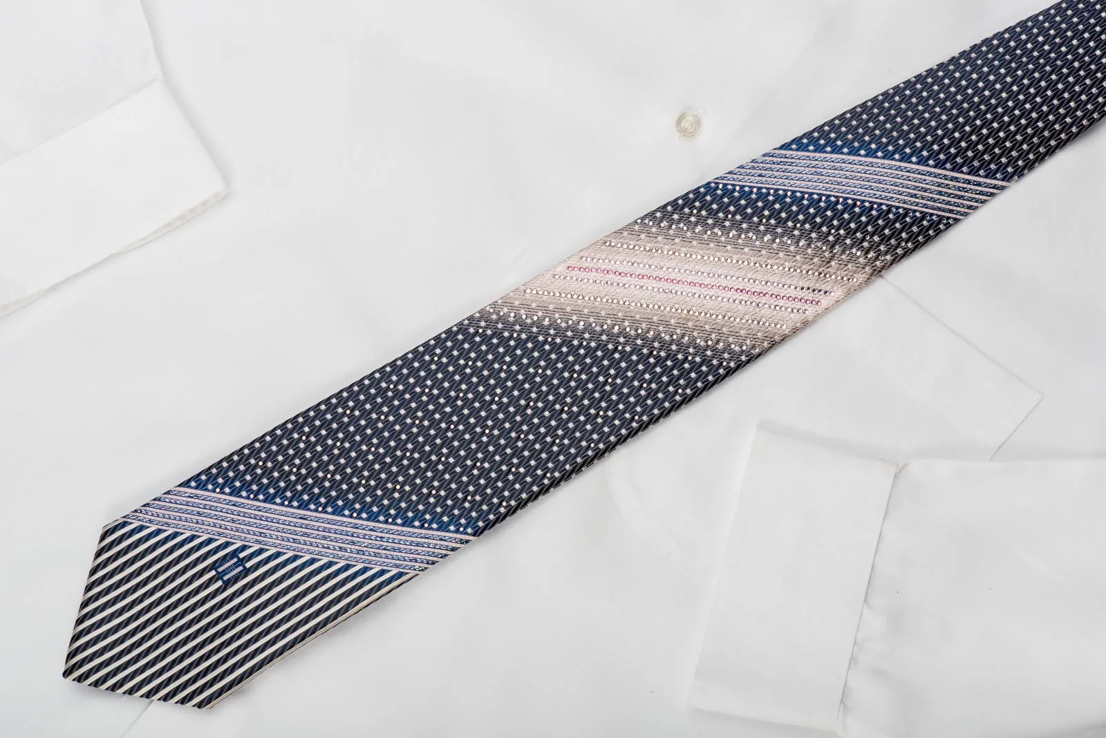 Daks Rhinestone Tie Pink Stripes & Silver Micro Squares On Blue With Sparkles