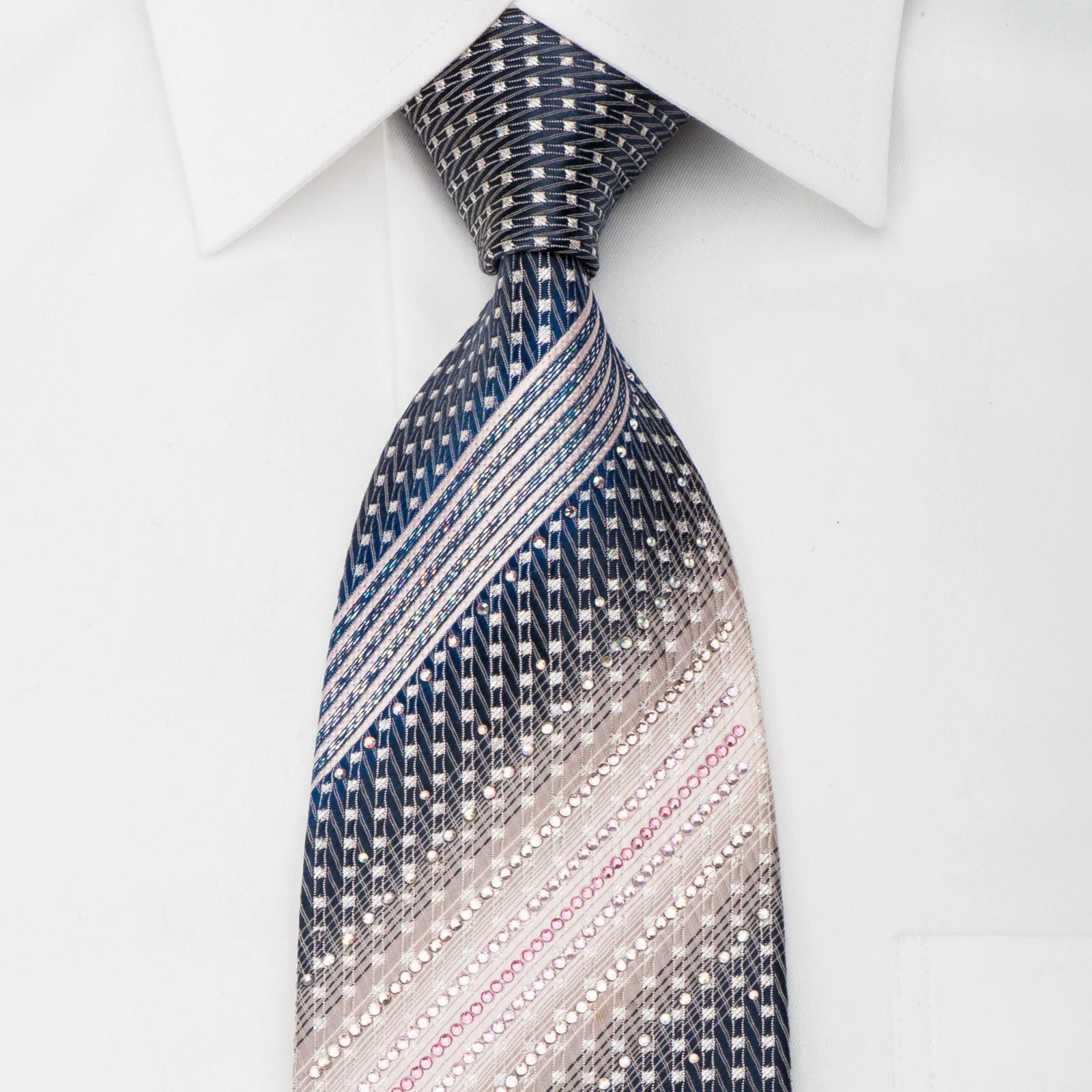 Daks Rhinestone Tie Pink Stripes & Silver Micro Squares On Blue With Sparkles