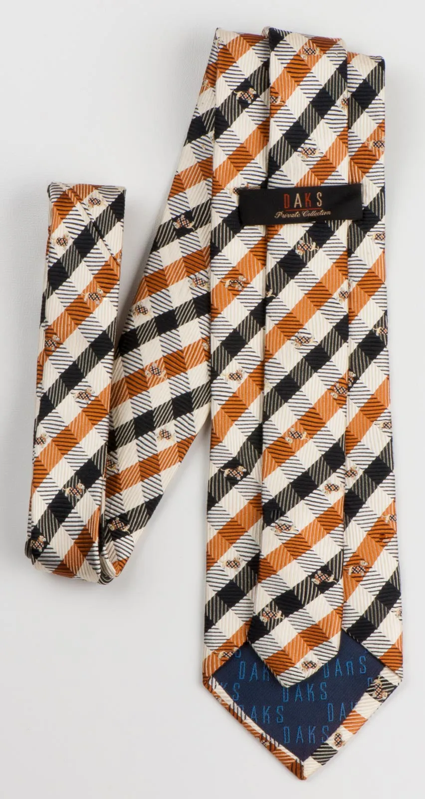 Daks Scottie Dog Men's Woven Silk Neck Tie Sotty Dogs On Beige Brown Black Plaids