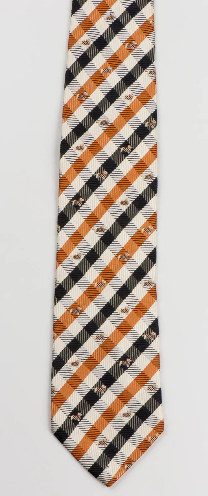 Daks Scottie Dog Men's Woven Silk Neck Tie Sotty Dogs On Beige Brown Black Plaids