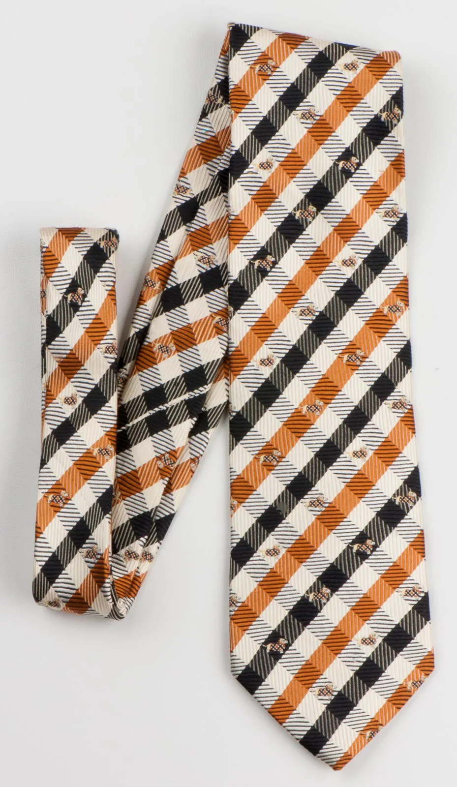 Daks Scottie Dog Men's Woven Silk Neck Tie Sotty Dogs On Beige Brown Black Plaids