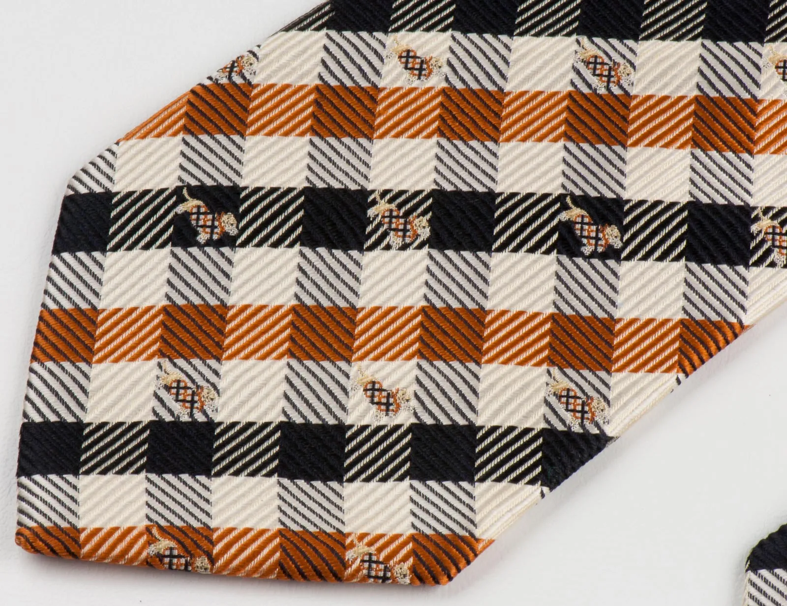 Daks Scottie Dog Men's Woven Silk Neck Tie Sotty Dogs On Beige Brown Black Plaids