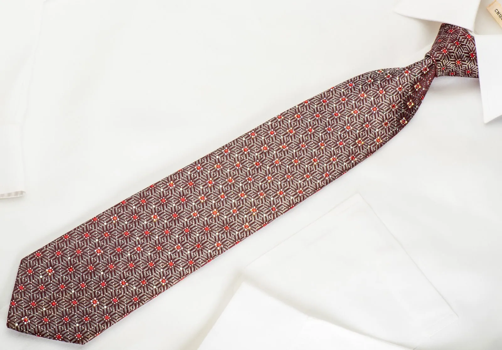 Daks Silk Necktie Silver Geometric Pentagons On Dark Burgundy With Red Rhinestones