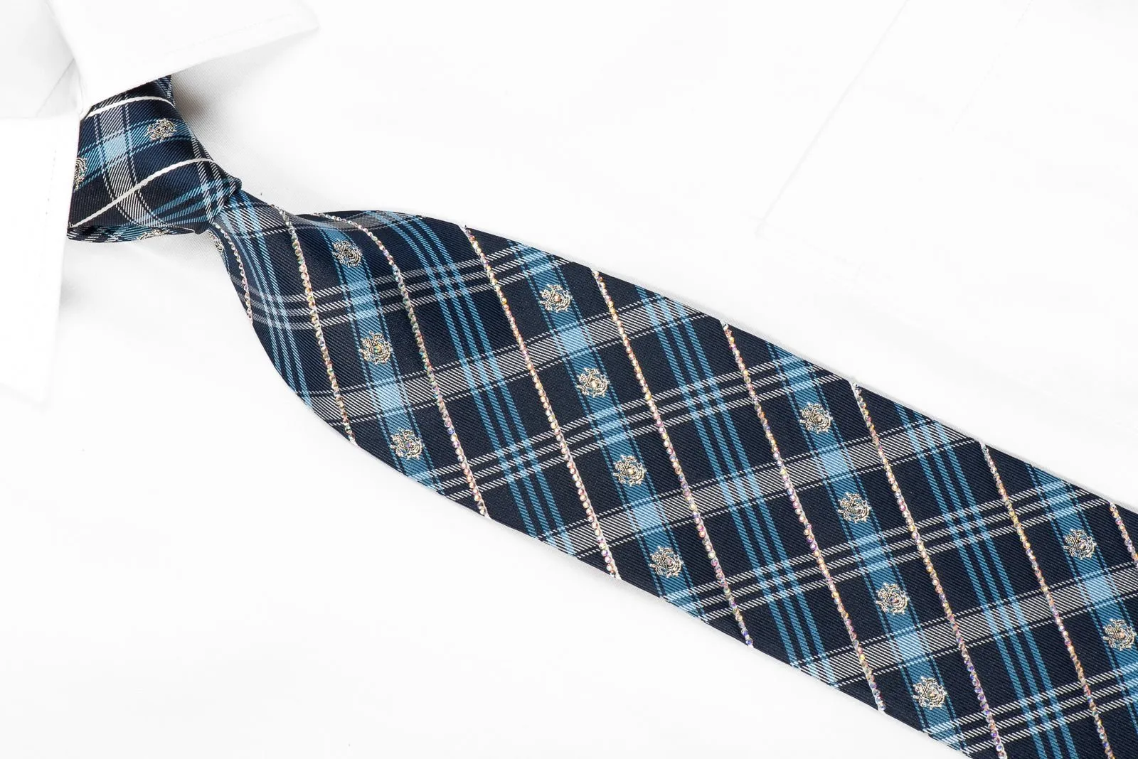 Daniel Hechter Men's Crystal Silk Necktie Plaids On Blue With Silver Sparkles