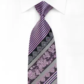 Daniel Hechter Men's Crystal Silk Necktie Purple Striped & Floral On Black With Silver Sparkles