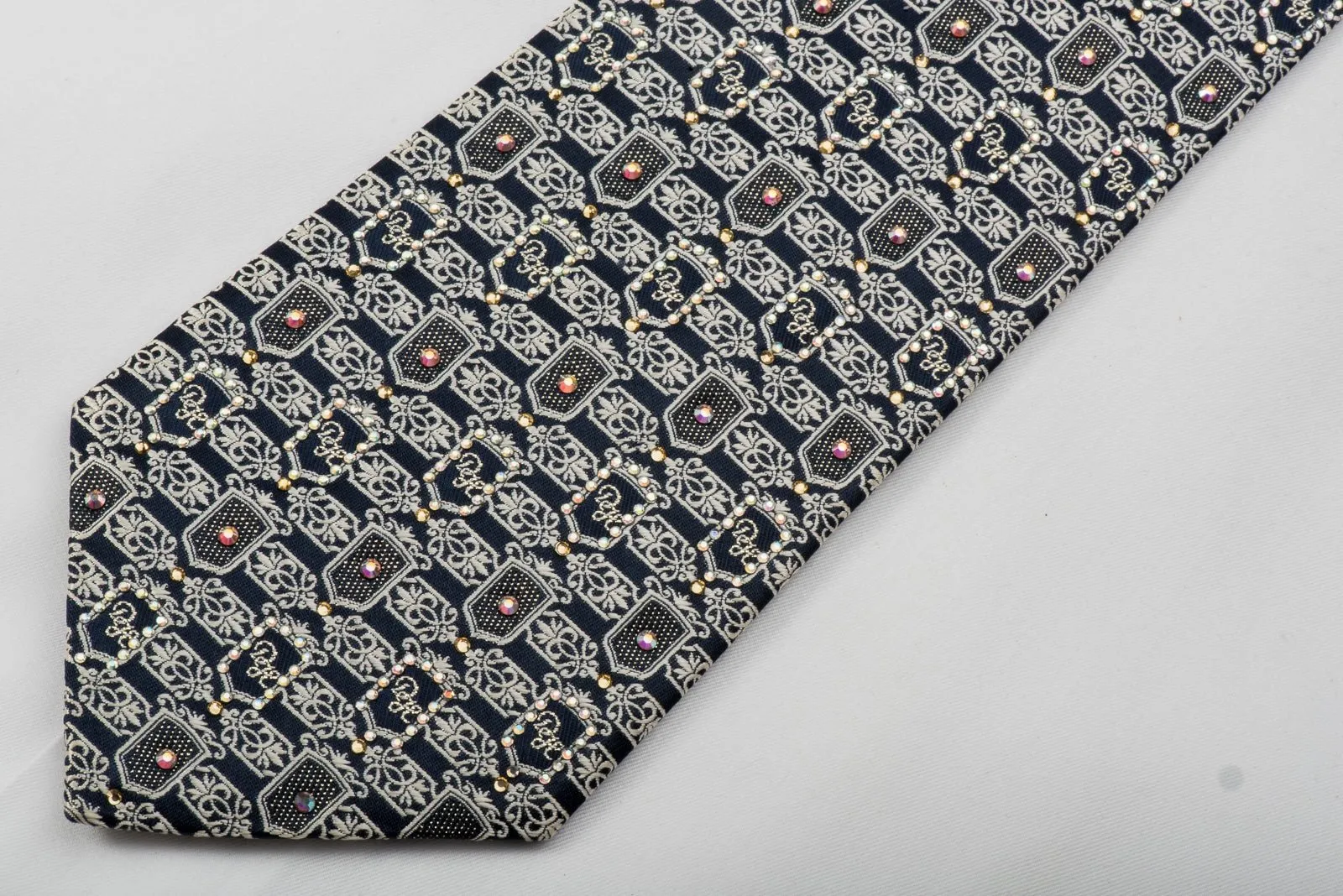 Daniel Hechter Rhinestone Tie Silver Cartouche On Navy With Sparkles