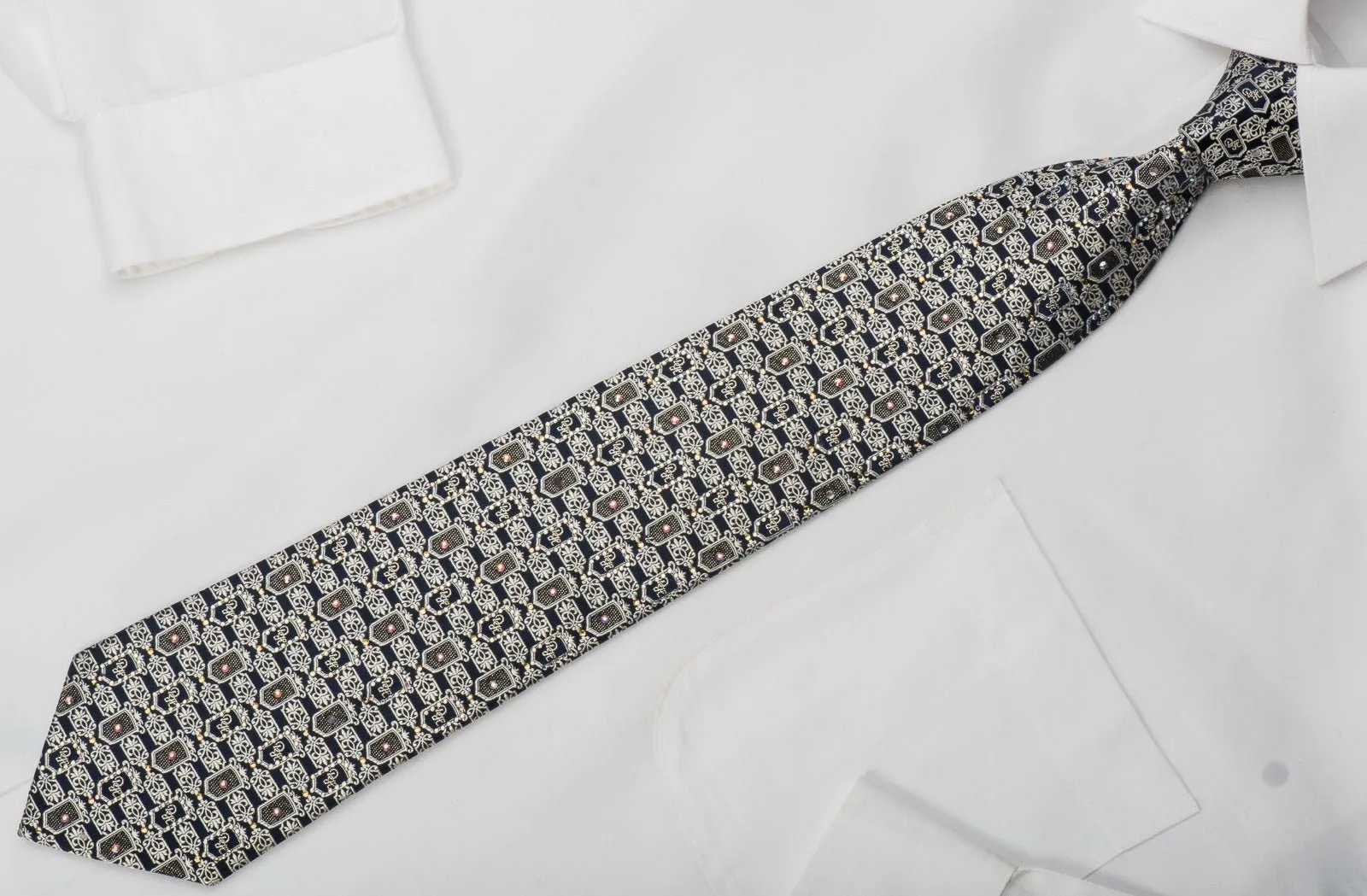 Daniel Hechter Rhinestone Tie Silver Cartouche On Navy With Sparkles